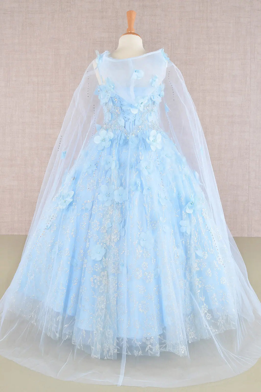 3 d flower applique jewel mesh kids dress w long mesh cloak GLGK105