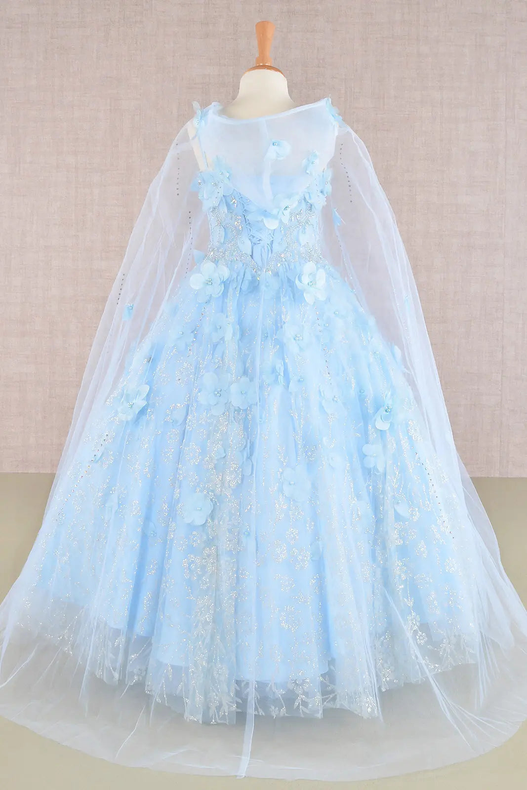 3 d flower applique jewel mesh kids dress w long mesh cloak GLGK105