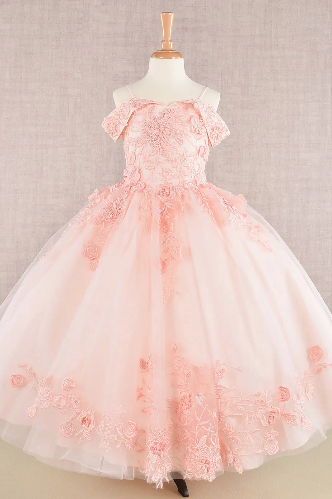 Flower applique embroidery mesh a line kids dress GLGK112